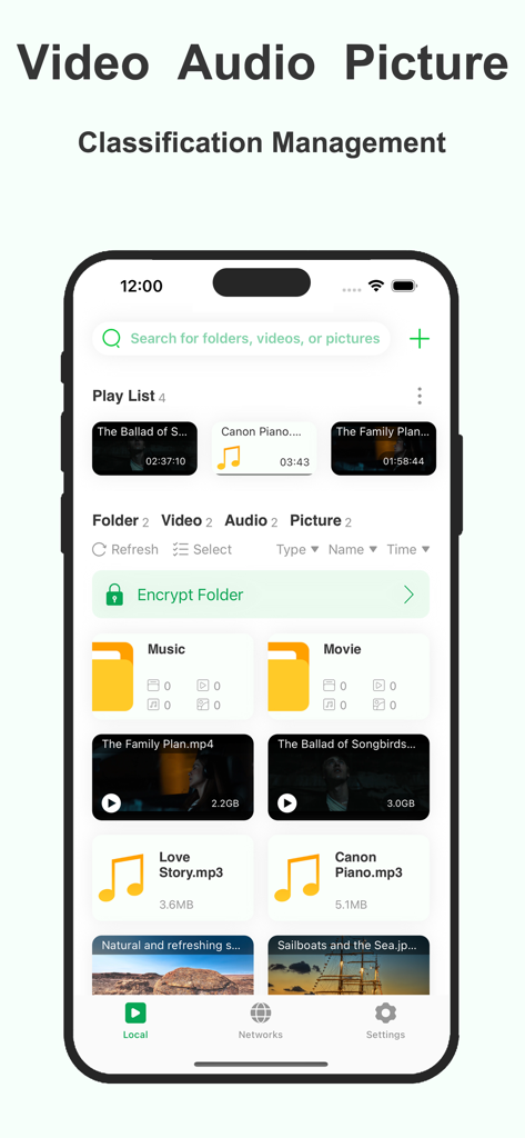 Galaxy Player - Galaxy Player app interface showing classification management for video audio and pictures with an encryption folder option