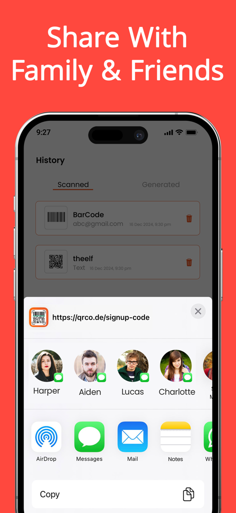 Interface do aplicativo scanner de código QR mostrando o histórico digitalizado e opções para compartilhar links com amigos e familiares