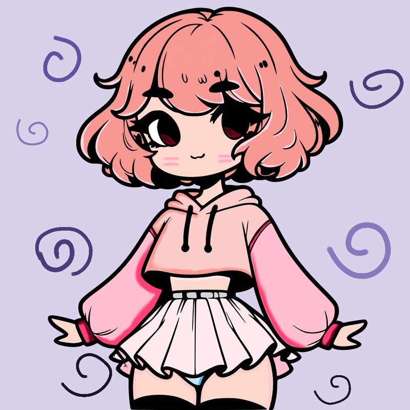 cute femboy with short, fluffy hair that softly frames their face, wearing a cropped hoodie, paired with a flouncy short skirt, and thigh-high stockings