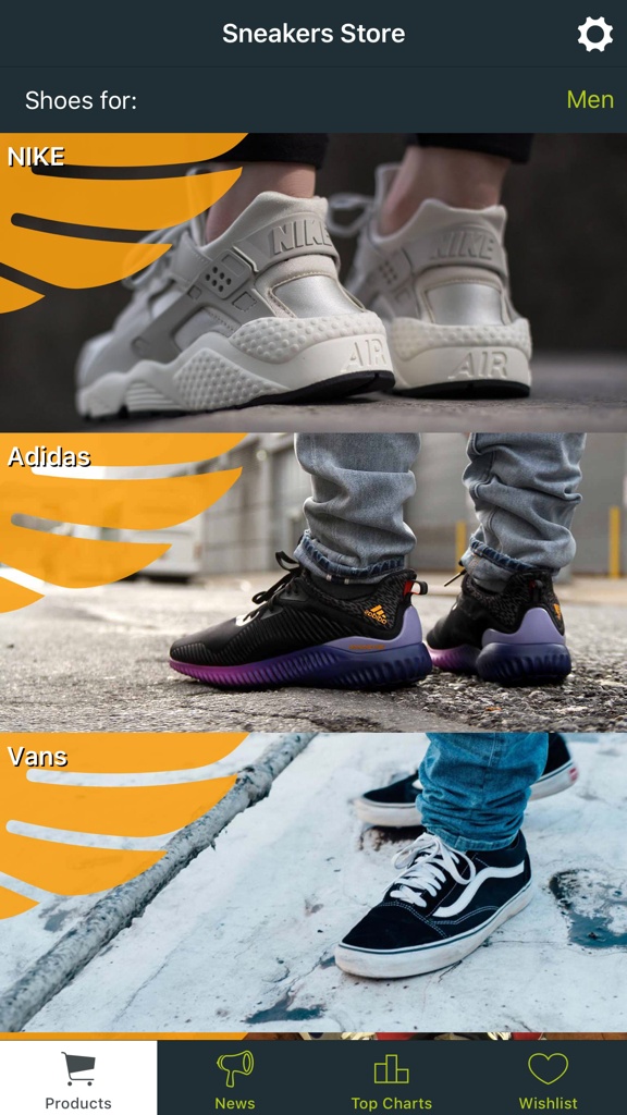 Sneakers Store - Interfaz de la app Sneakers Store mostrando zapatos de hombre de Nike Adidas y Vans