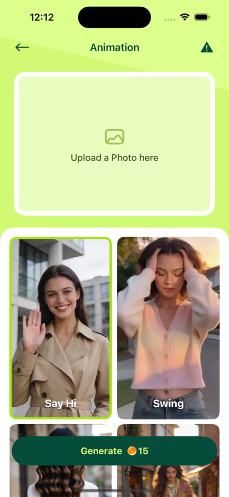 MenteX - Interface do aplicativo MenteX mostrando o recurso de animação de foto para vídeo com predefinições como Diga Oi e Balançar
