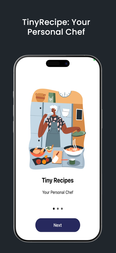Recipe Book : Plan & Organize - Pantalla de incorporación de la aplicación TinyRecipe mostrando a una persona probando comida mientras cocina en una cocina