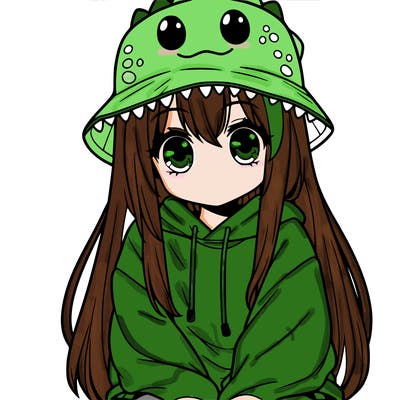 girl with anime shaped eyes with a dinosaur bucket hat oversized sweatshirt long straight hair