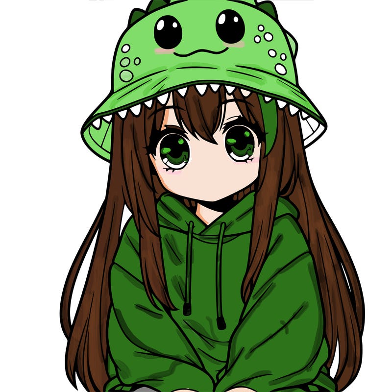 girl with anime shaped eyes with a dinosaur bucket hat oversized sweatshirt long straight hair