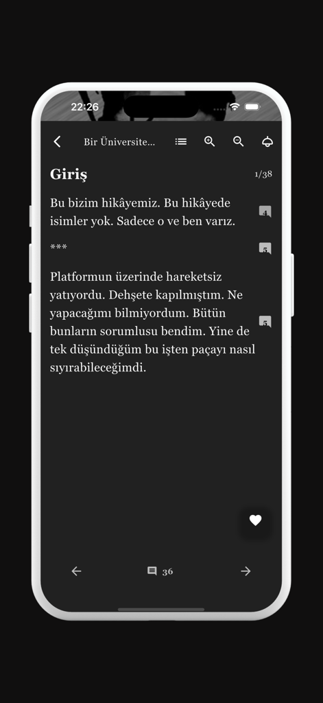 Kittap - Read & Write Books - Smartphone screen displaying the Kittap app reading interface in dark mode with inline comments and a heart icon.