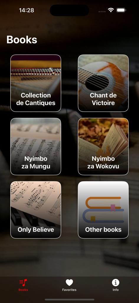 Songs of praise - Menu principal do aplicativo Songs of Praise exibindo vários hinários em francês e suaíli.