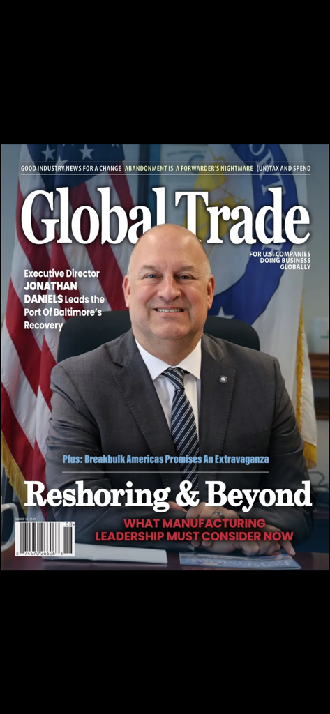 Global Trade Magazine - Cover of Global Trade Magazine featuring Jonathan Daniels and a headline about reshoring and manufacturing leadership