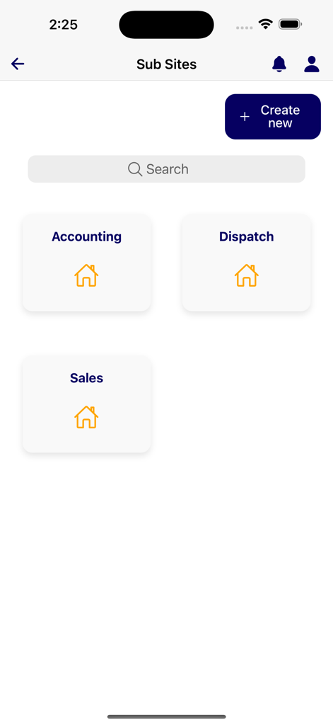 Securiti - Painel de Sublocais do aplicativo Securiti com seções para Contabilidade, Despacho e Vendas