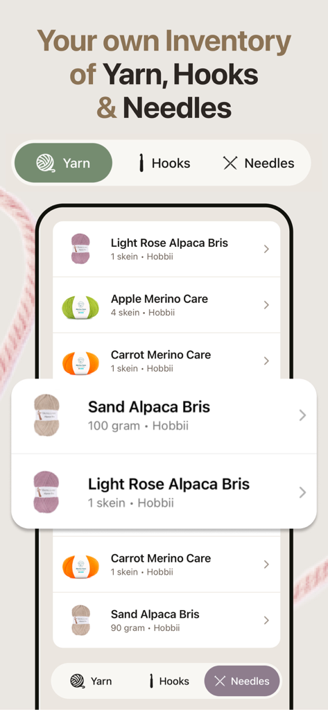 Knitta: Crochet Journal - Una lista de inventario digital de tipos de lanas, ganchillos y agujas en la app Knitta