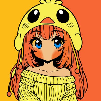 anime girl with chick shaped hat with sweater with bare shoulders with bangs covering them one eye with low tail