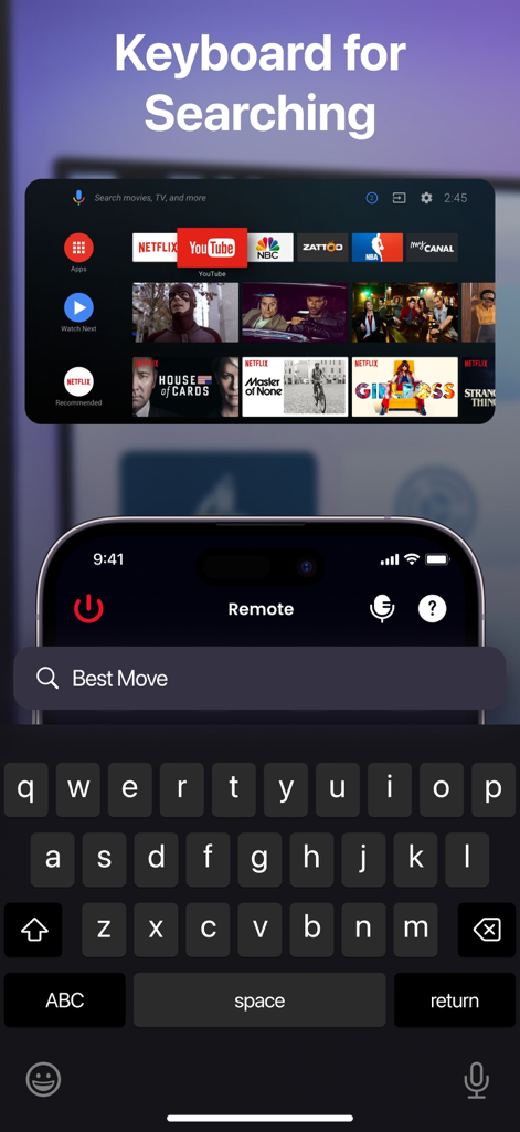 Stick Master app integrated keyboard for searching movies and shows on a smart TV
