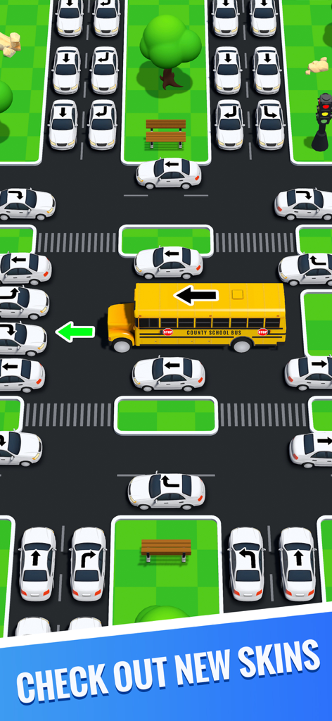 Unblock Cars: Traffic Control - Top down view of a traffic jam puzzle level in Unblock Cars featuring a yellow school bus skin