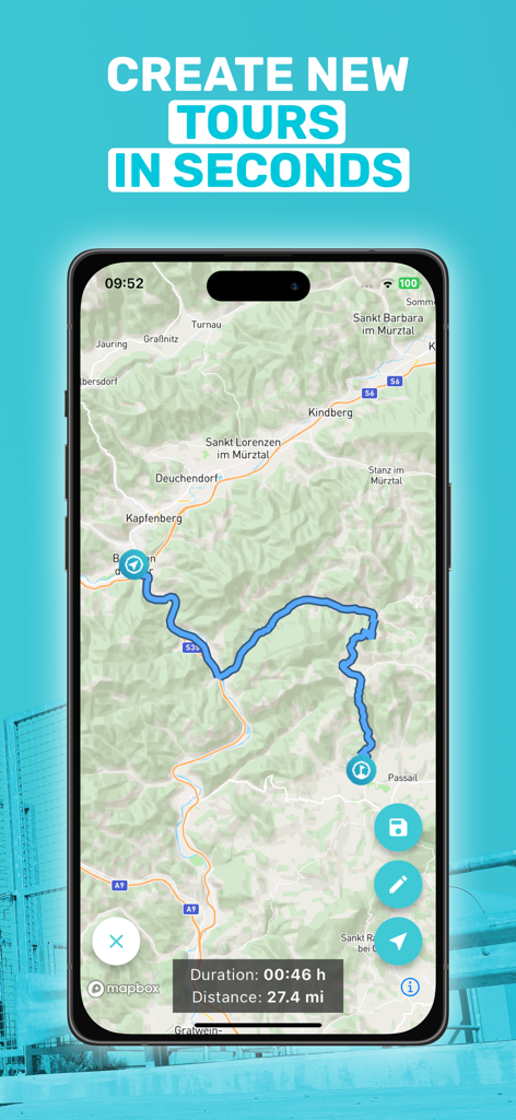 Motobit app interface showing a winding motorcycle route on a map with duration and distance information