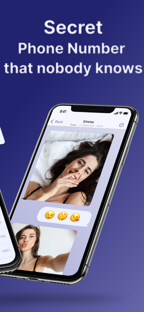 Tela do iPhone exibindo um bate-papo privado com fotos e emojis usando um segundo número de telefone.