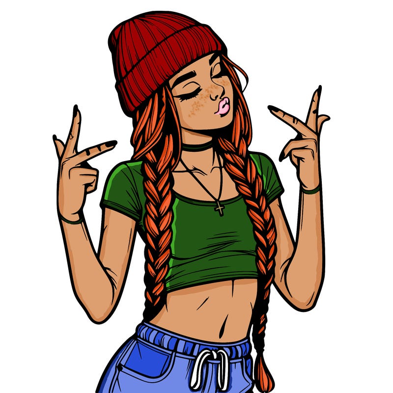 realistic teenage girl with braids and a beanie and crop top doing 🫶🏼