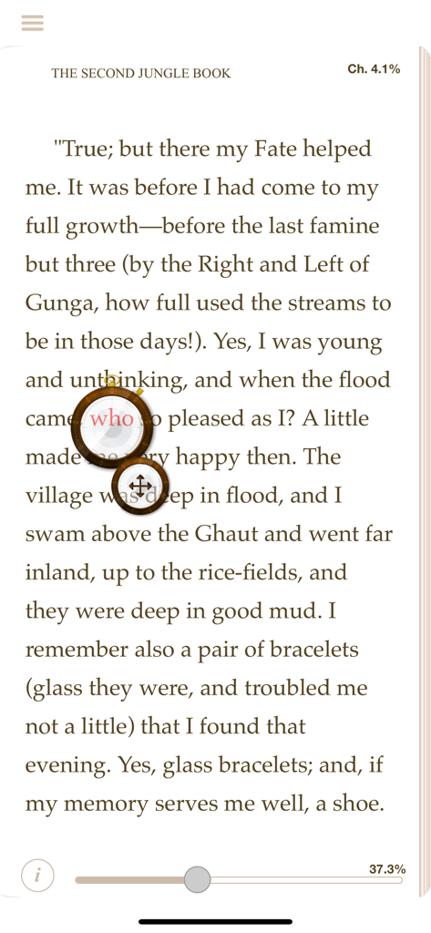 ReadMe! (BeeLine & Focus) - The ReadMe app showing the focused reading magnifier tool highlighting a word on an ebook page