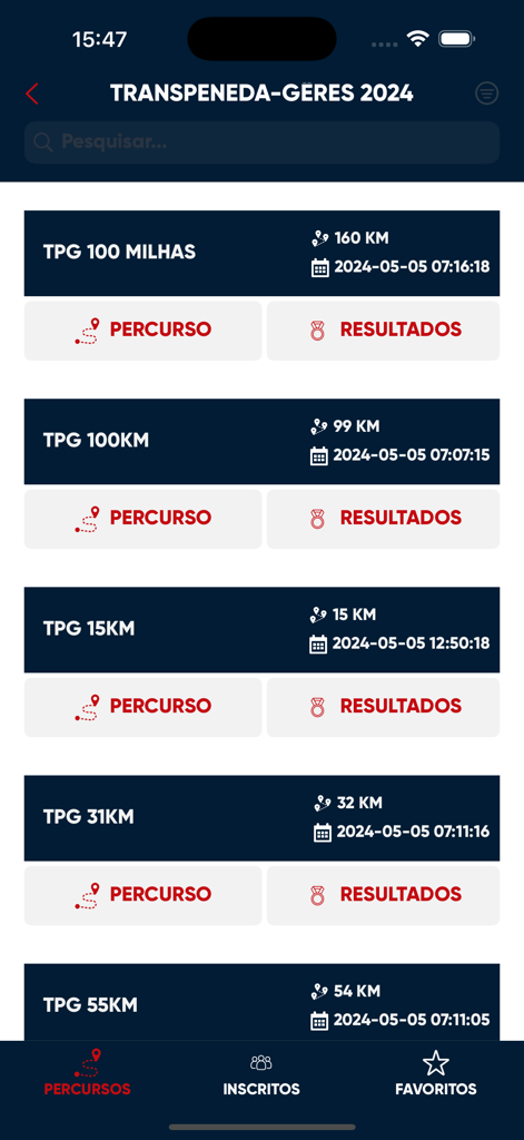 STOP and GO - Schermata dell'app mobile che visualizza un elenco di categorie di gara con percorsi e pulsanti per i risultati