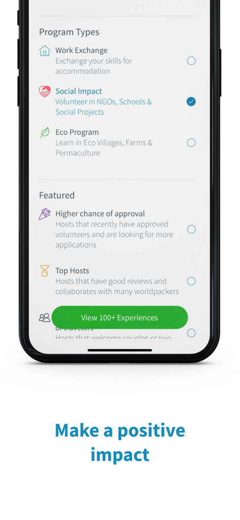 Worldpackers mobile app interface showing volunteer program types including social impact and eco programs with a make a positive impact tagline