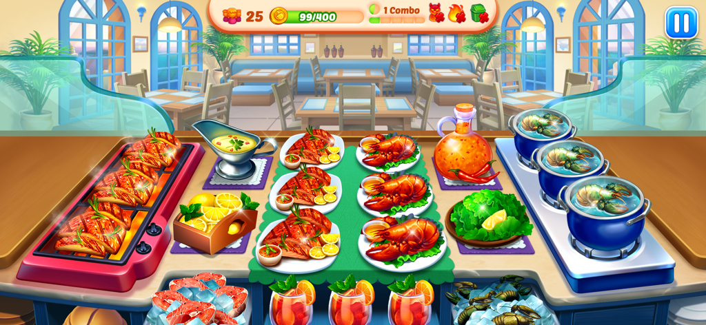 Food Voyage: Fun Cooking Game - グリルした魚とロブスターが登場するFood Voyageのシーフードレストランのゲームプレイ