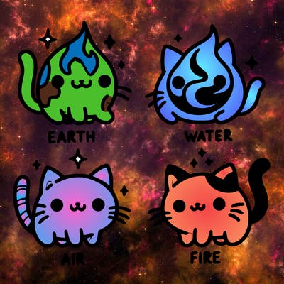 4 cats that represent the different elements, earth, water, air, and fire