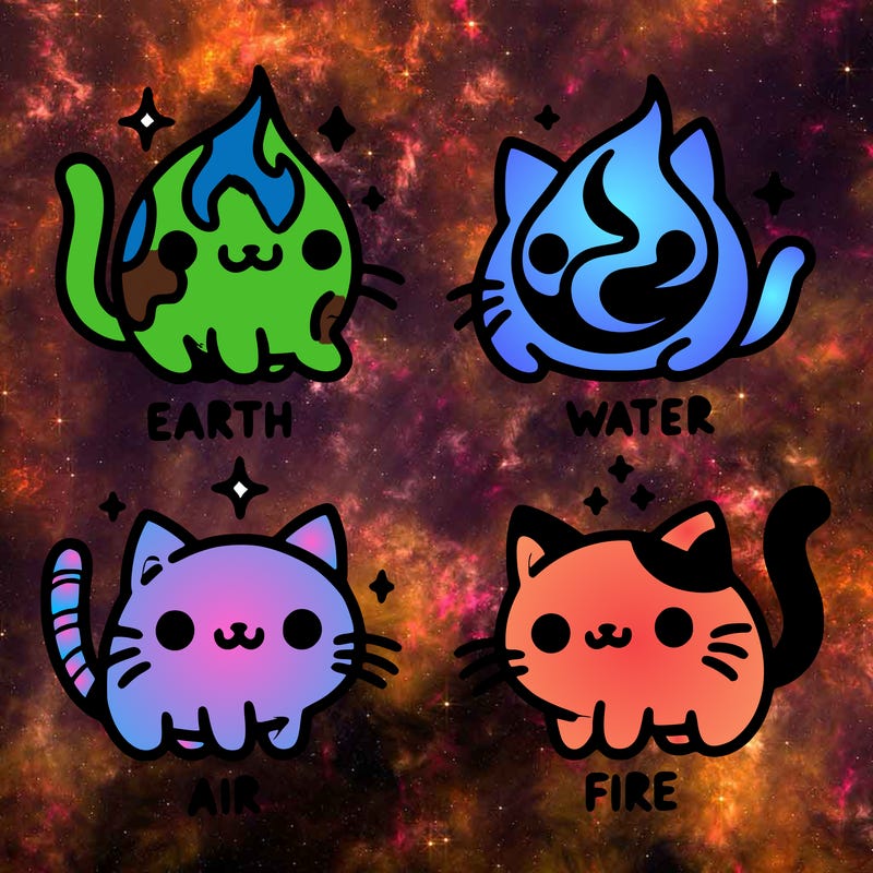 4 cats that represent the different elements, earth, water, air, and fire