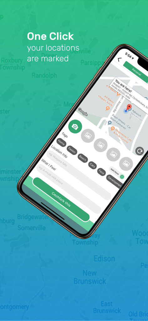 Interfaz de la aplicación GeoMark que muestra la ubicación del mapa y las opciones de etiquetado en la pantalla de un teléfono inteligente.