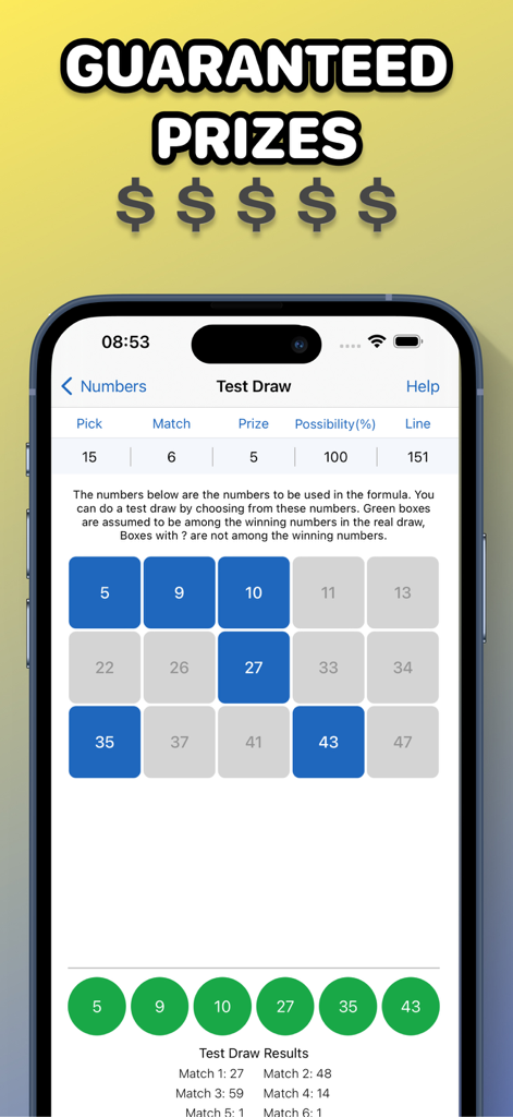 Lotto Lottery Number Generator - Lotto Lottery Number Generator app display of test draw results and winning number probability