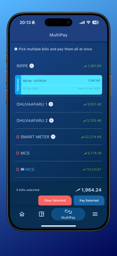 MWSC - MWSC app MultiPay feature showing multiple water and sewerage bills selected for payment on a mobile device.