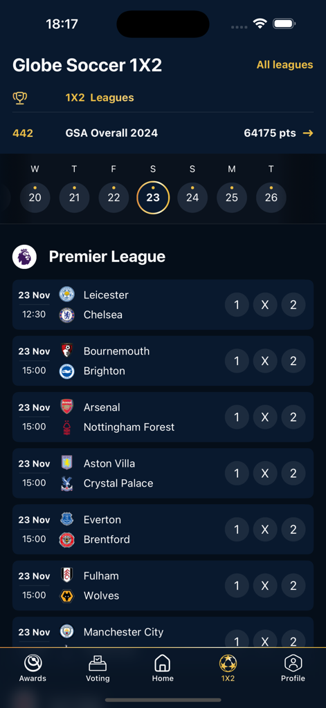 Globe Soccer - Pantalla de predicciones de la Premier League de la aplicación Globe Soccer