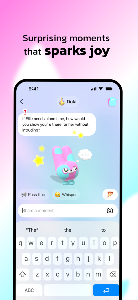 DokiDoki-Couple's Pet - A pink and blue digital pet in a chat interface asking a thoughtful relationship question to help couples connect.