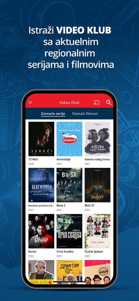 MTEL TV - MTEL TV App Video Klub Bildschirm mit Postern verschiedener regionaler serbischer und Balkan-Serien