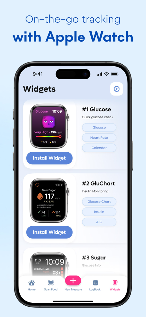 GluHealth: Blood Sugar Test AI - GluHealthアプリの画面に、血糖値とインスリンレベルを追跡するためのさまざまなApple Watchウィジェットオプションが表示されています