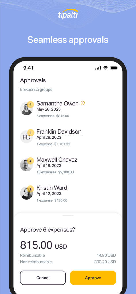 Interface móvel mostrando o fluxo de trabalho de aprovação de despesas no aplicativo Tipalti Expenses.