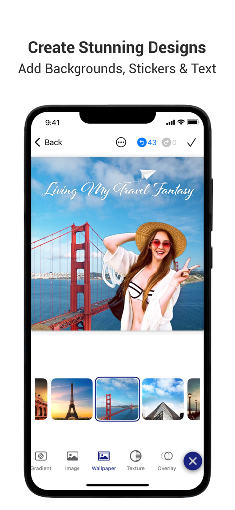 Cut Paste Photo AI Eraser - Mobile app interface for editing photo backgrounds and adding text to travel images