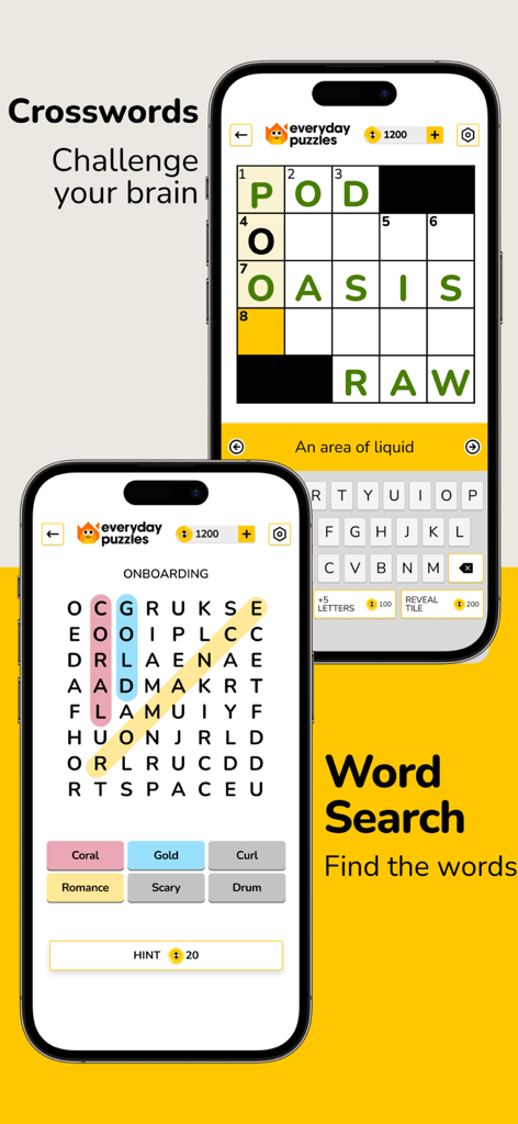 Everyday Puzzles: Mini Games - Mobile gameplay screens of Everyday Puzzles app featuring crossword and word search challenges