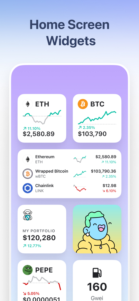 MEW crypto wallet: DeFi Web3 - MEW wallet iOS home screen widgets showing crypto prices portfolio balance and gas fees