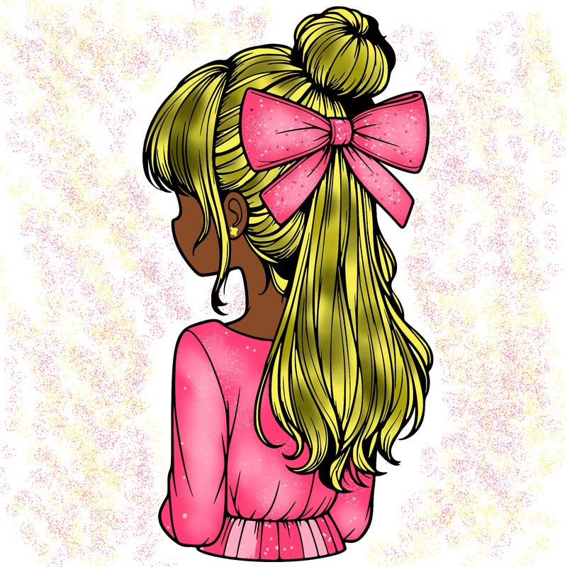 realistic girl  with hip length hair a bun and a big bow on the back of head