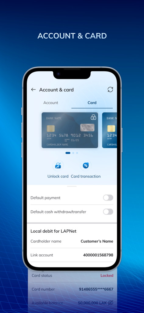 Sacombank E-Pay - Sacombank E-Payモバイルアプリのインターフェース。口座とカード管理オプションが表示され、ロックされたカードビューが表示されています。
