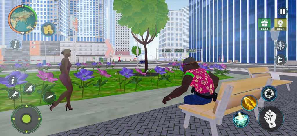 Gorilla Mob : City Gangster - Un gánster gorila con una camisa floral sentado en un banco del parque en una ciudad moderna.