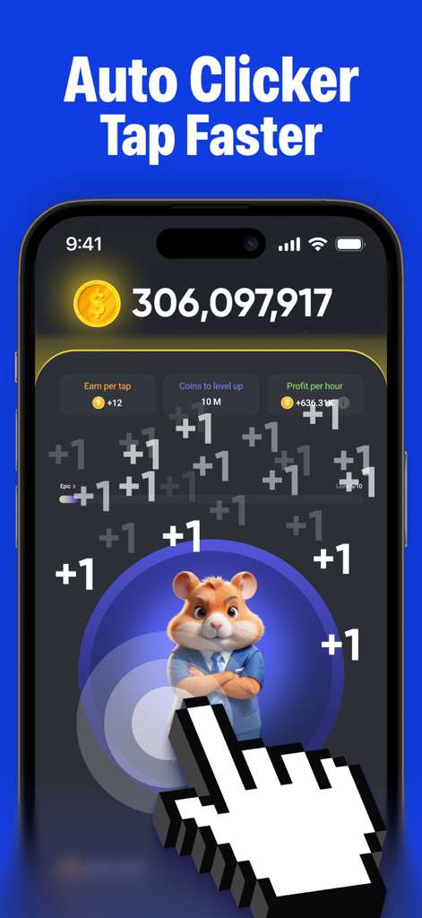 Mobile screen showing the auto clicker app simulating rapid taps on a hamster game character to earn coins