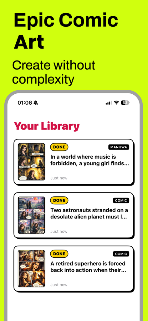 Pantalla de la aplicación TAI Comic Maker mostrando una biblioteca de historias de manga y manhwa creadas con títulos y miniaturas