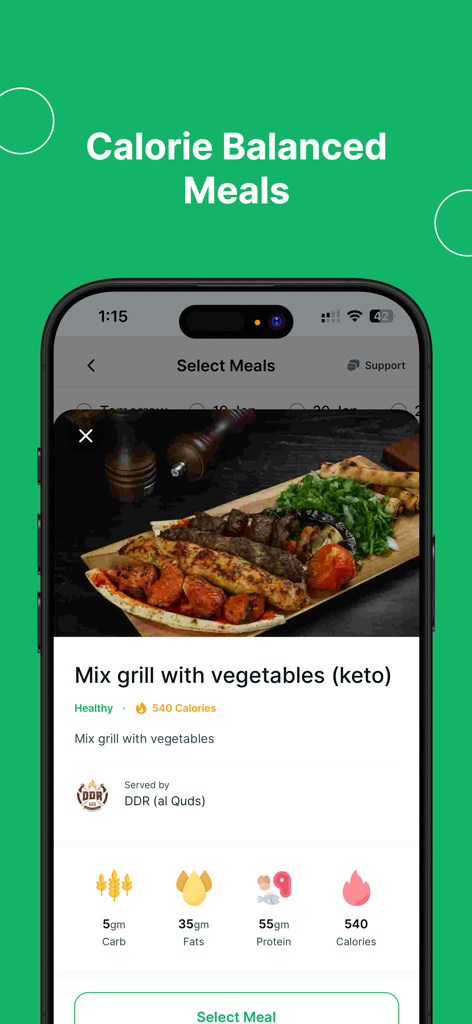 DailyMealz: Food Subscription - DailyMealz app screen displaying a Mix grill with vegetables keto meal and its detailed nutritional facts including calories and macros.