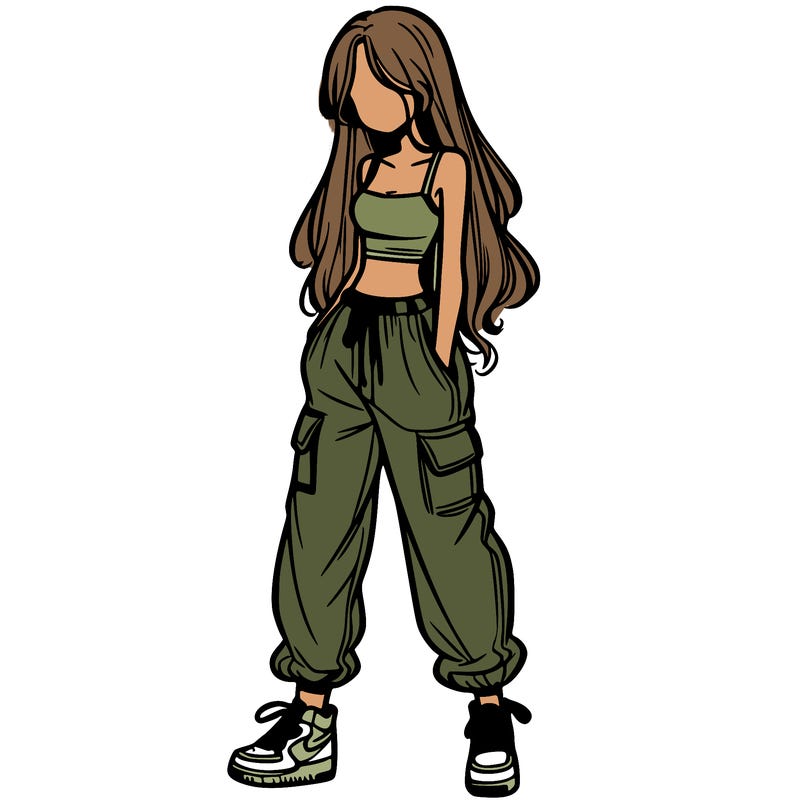 girl in baggy pants crop top and long hair