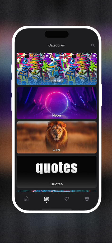 Walli - Stunning Wallpapers 4K - Walli app screen displaying various wallpaper categories including Graffiti, Neon, Lion, and Quotes.
