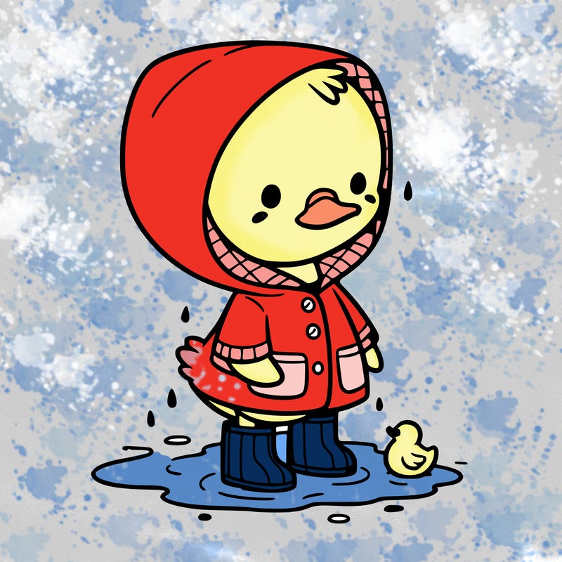 baby duck in a rain coat and boots, in a puddle while it’s raining