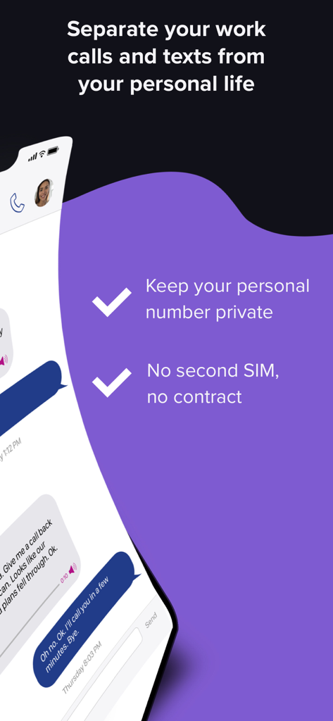 Another Number app interface promoting separation of work calls and personal life