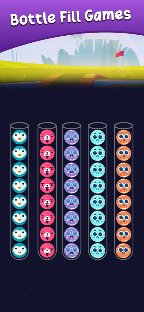 Ball Sort Puzzle - Get Color - Un nivel completado en Ball Sort Puzzle que muestra bolas de personajes coloridas clasificadas en tubos de vidrio