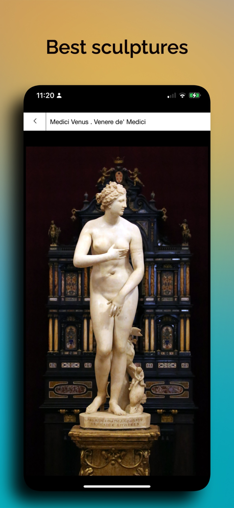 Galleria Uffizi Audio - Galleria Uffizi Audio app interface showing the Medici Venus sculpture with high resolution image and description
