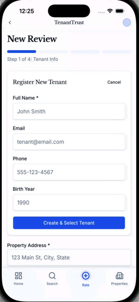 TenantTrust for Landlords - A mobile interface for the TenantTrust app showing a form to register a new tenant with input fields for personal details and property address