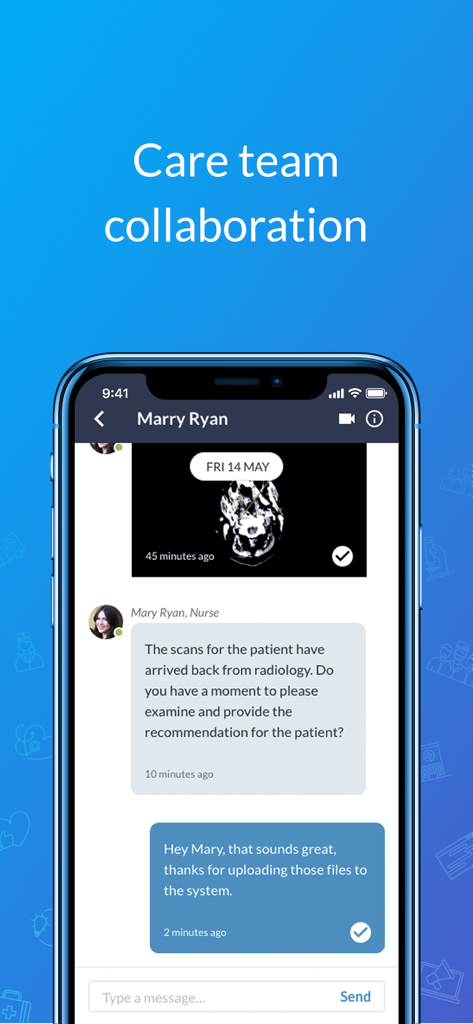 AW Touchpoint - Mobile chat interface showing medical professionals collaborating on radiology scans within the AW Touchpoint app